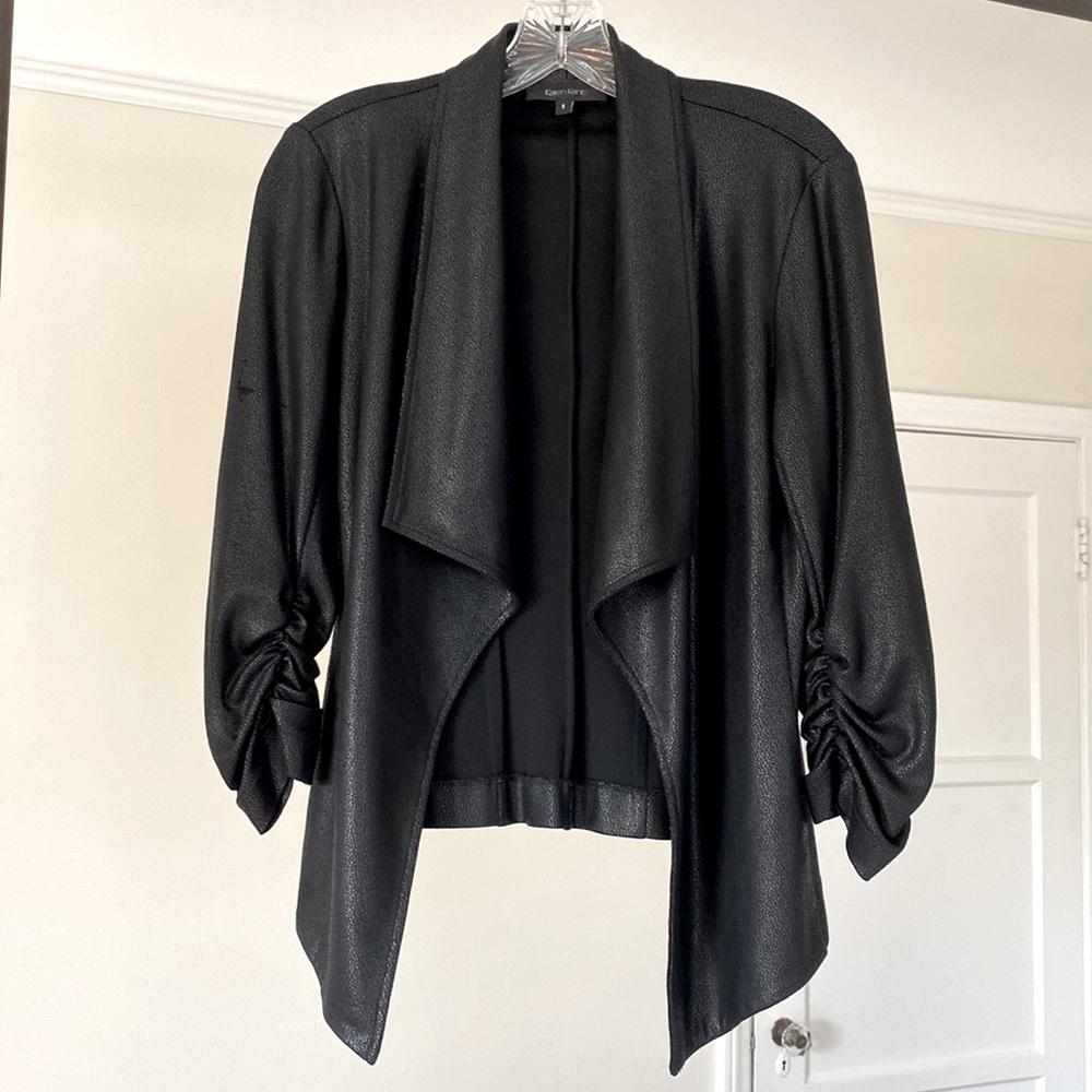 KAREN KANE stretchy Blazer Pebbled Faux Leather 3/4 Sleeve Draped Waterfall - S